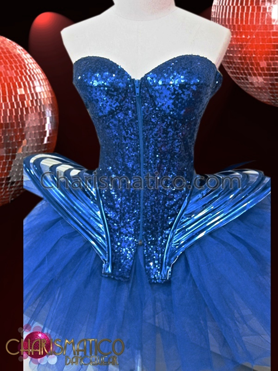 CHARISMATICO Metallic Royal Blue Sequined Gaga Corset and Net Ruffled Tutu 