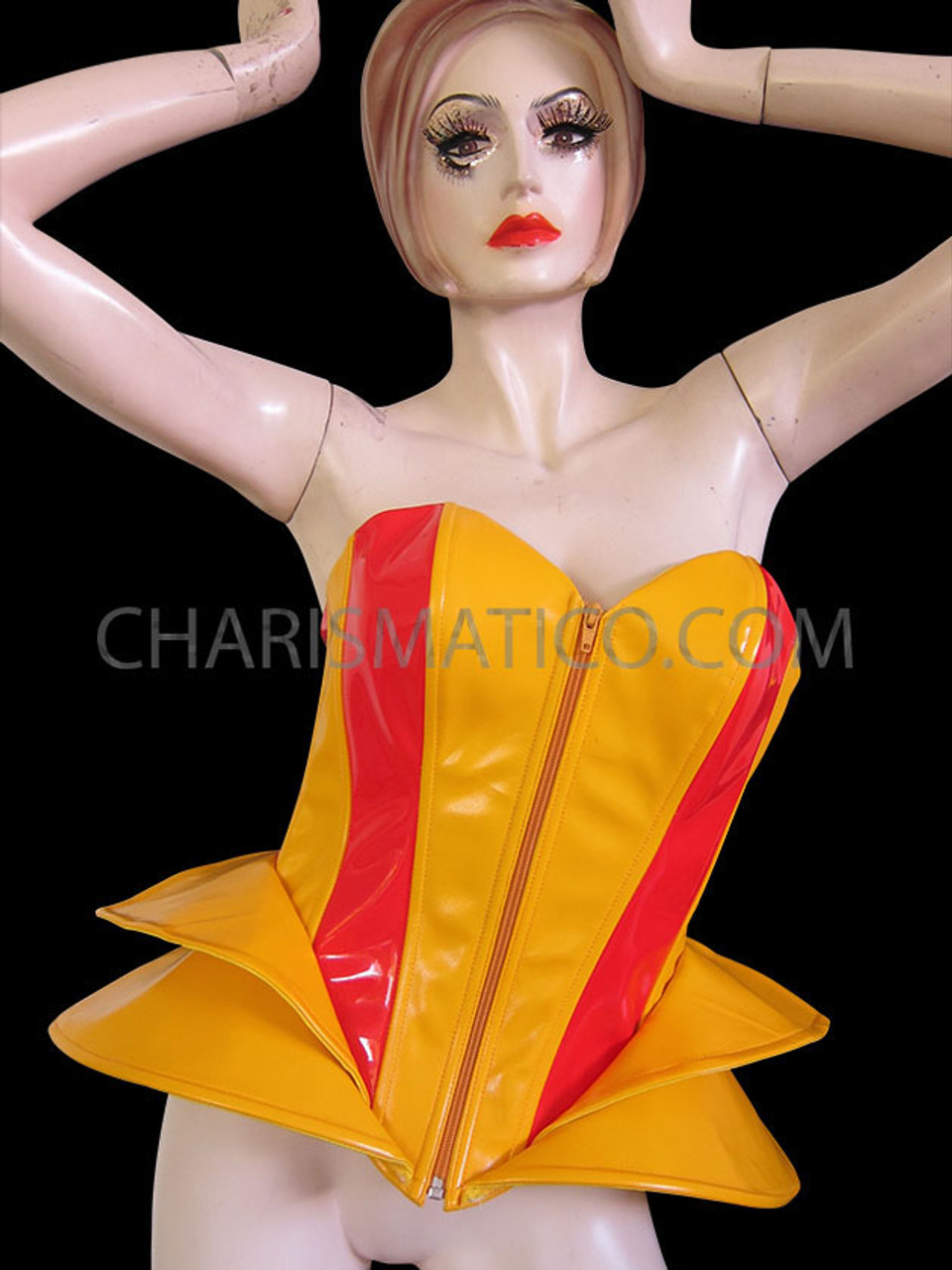 Yellow and Orange Accented Shiny Vinyl Back Lace Gaga Corset