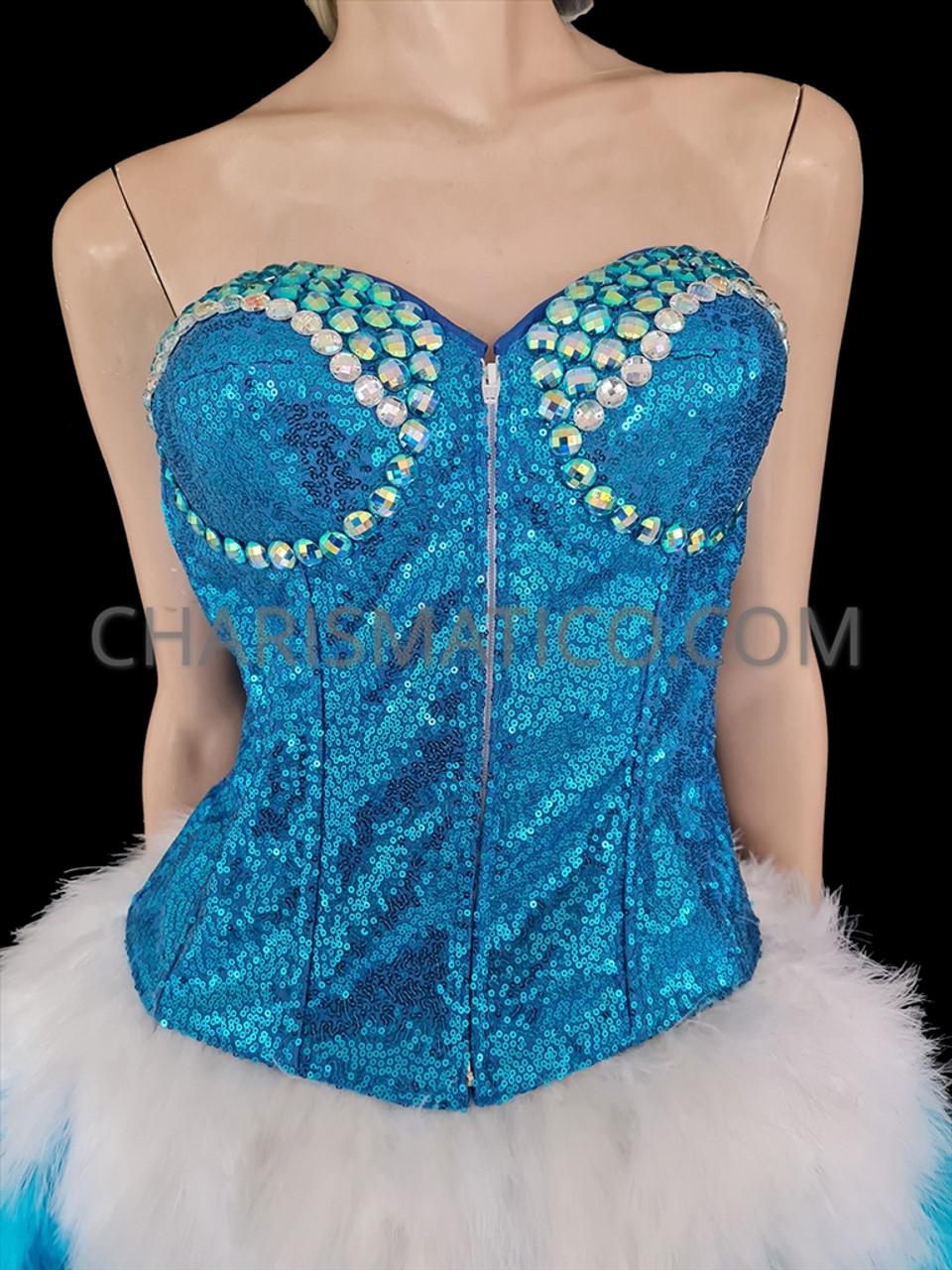 Crystal Accented Blue Sequin Corset And Matching Tri-Color Feather