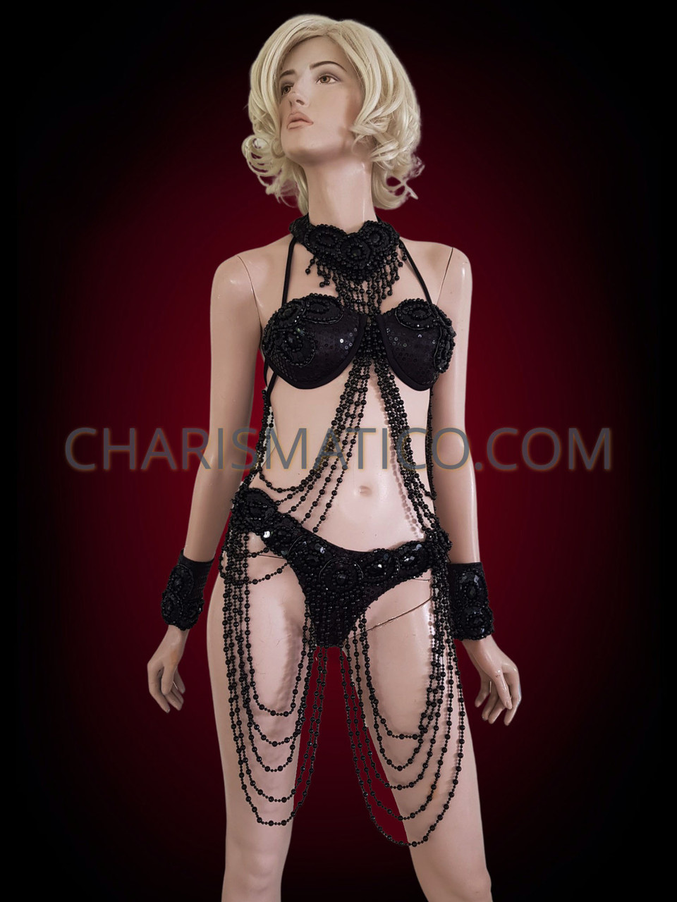 Metallic Sequin Black Diva Showgirl's Fancy Bra And Thong Set