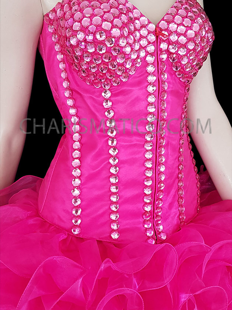Burlesque Embroidered Hot Pink Corset With Organza Ruffle Skirt