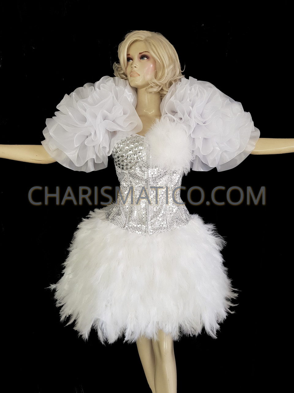 White Sequin Corset With Matching feather Skirt and Bolero