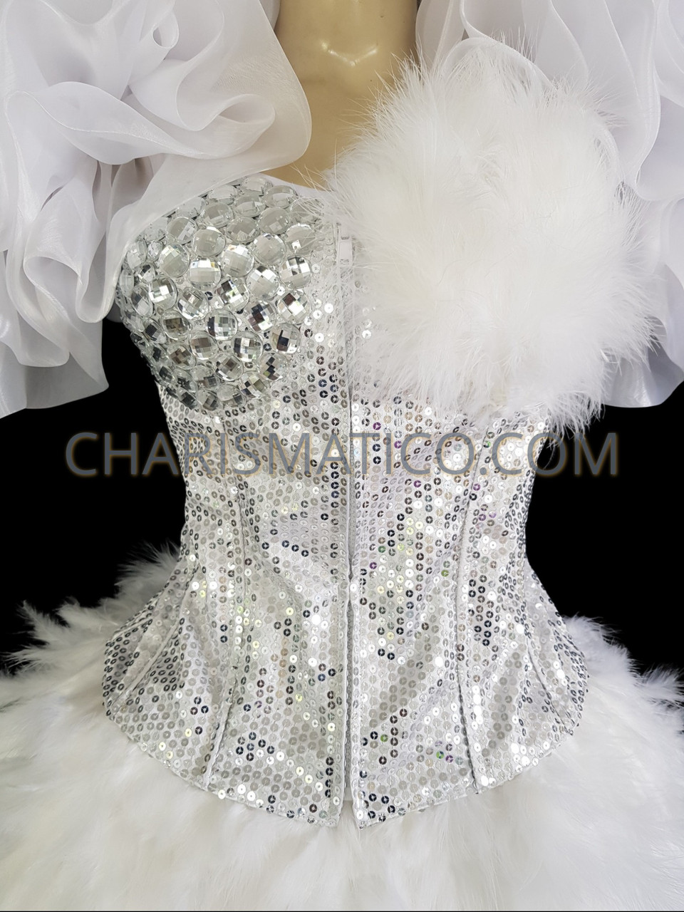 White Sequin Corset With Matching feather Skirt and Bolero