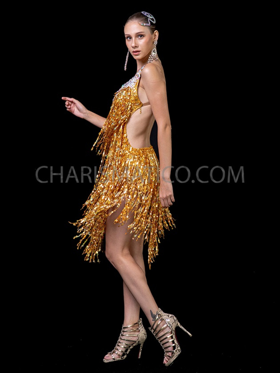 Gold Crystal Floral Lace Shiny Salsa Latin Dance Dress