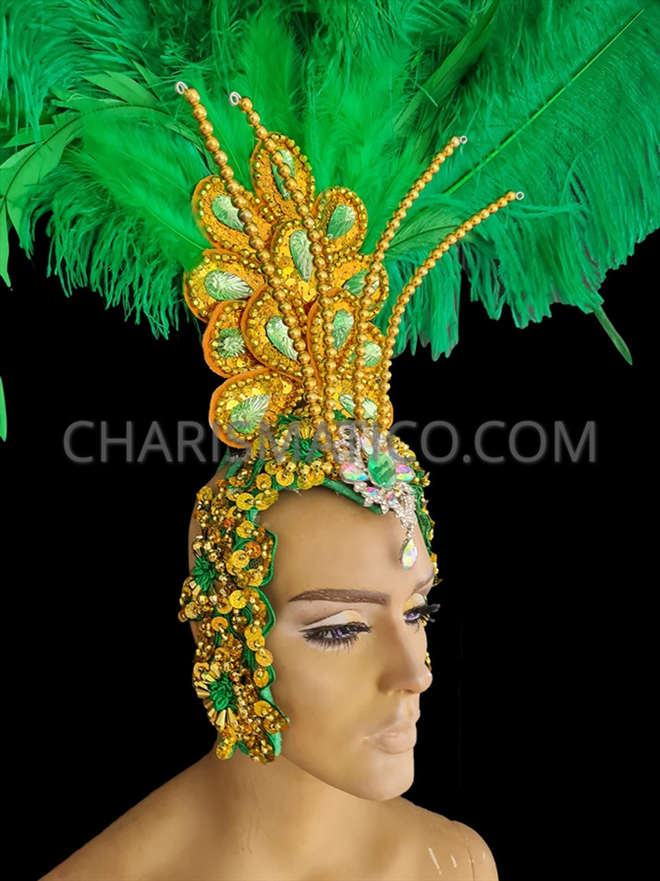 Mardi Gras Feather Headpiece Headdress Mardi Gras Top Sequined Bra Tail  Purple Gold Green Top Made in and Shipped From the USA 