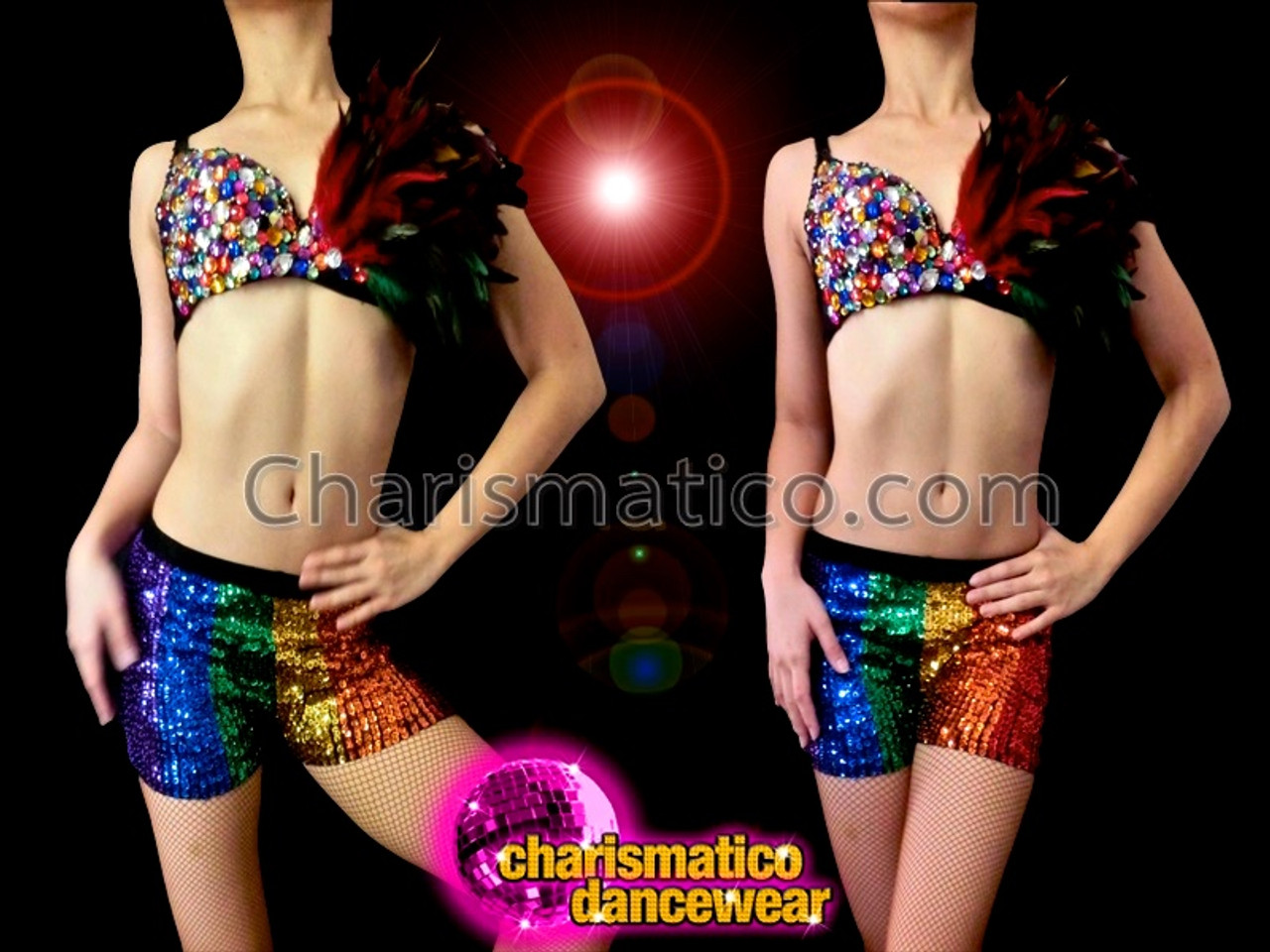 Rainbow Sequined Gay Pride Bra Top And Short Hot Pants