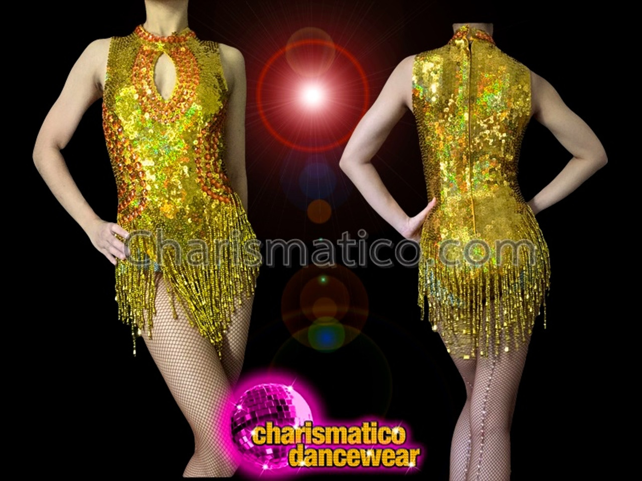 Keyhole Neckline Iridescent Metallic Gold Sequin Beaded Fringe Dance Leotard