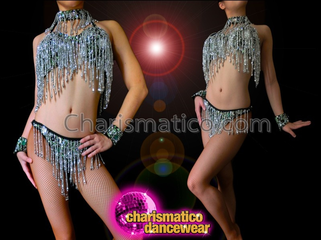 Samba Beaded Fringe Style Bra And Thong Set In Sequin