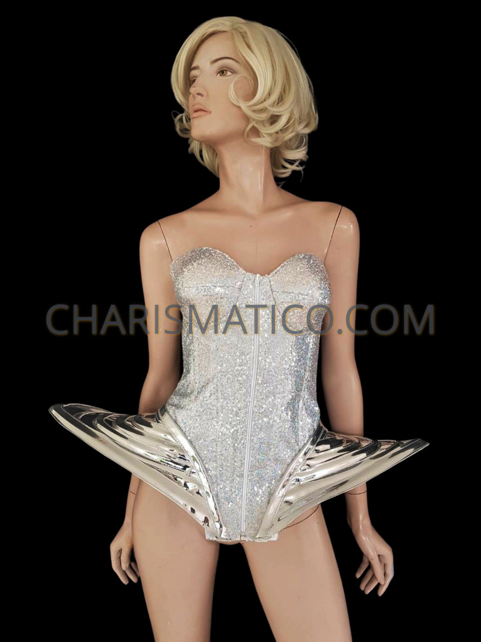 Silver Hologram Laser Futuristic Dance Corset With Large Bow