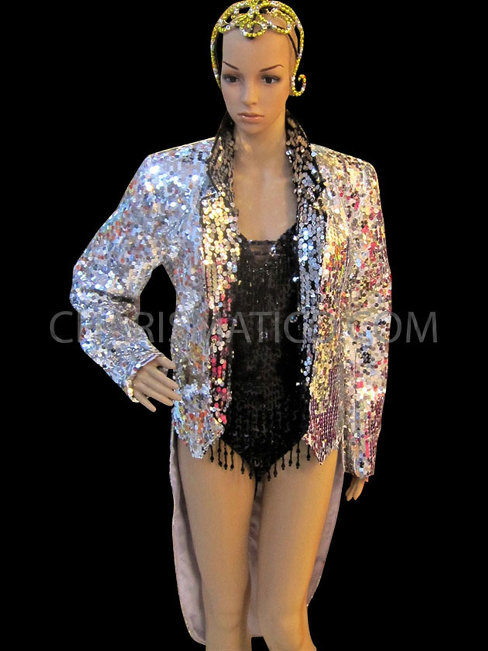 Diva's Sleek Iridescent Silver Sequined Tail Suit Jacket For Cabaret