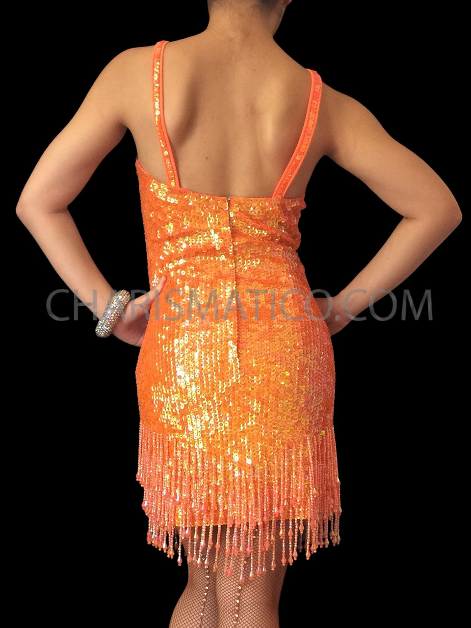 Classy Summery Orange Shimmering Sequin Dance Dress With Beaded Fringe