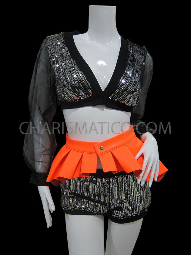 Black Sequin Bolero Jacket And Matching Shorts With Orange Skirt