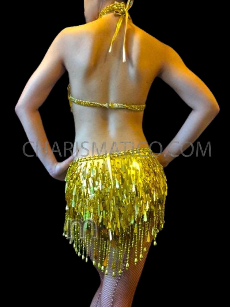 Gold Sequin and Beaded Fringe Bra and Skirt Set with Matching