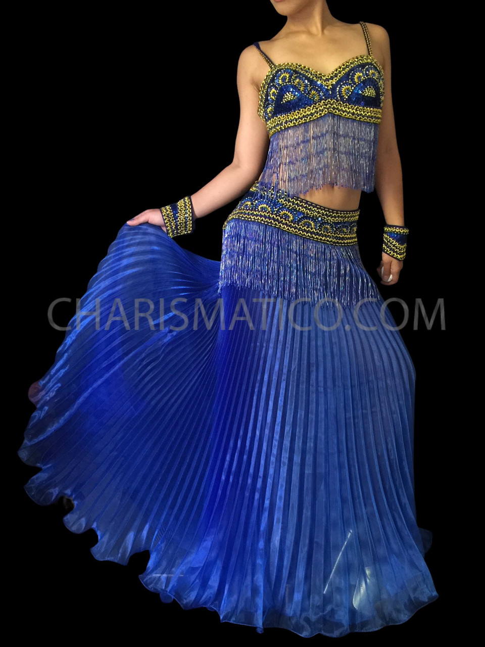 Gold And Royal Blue Top And Pleated Skirt Belly Dance Dress