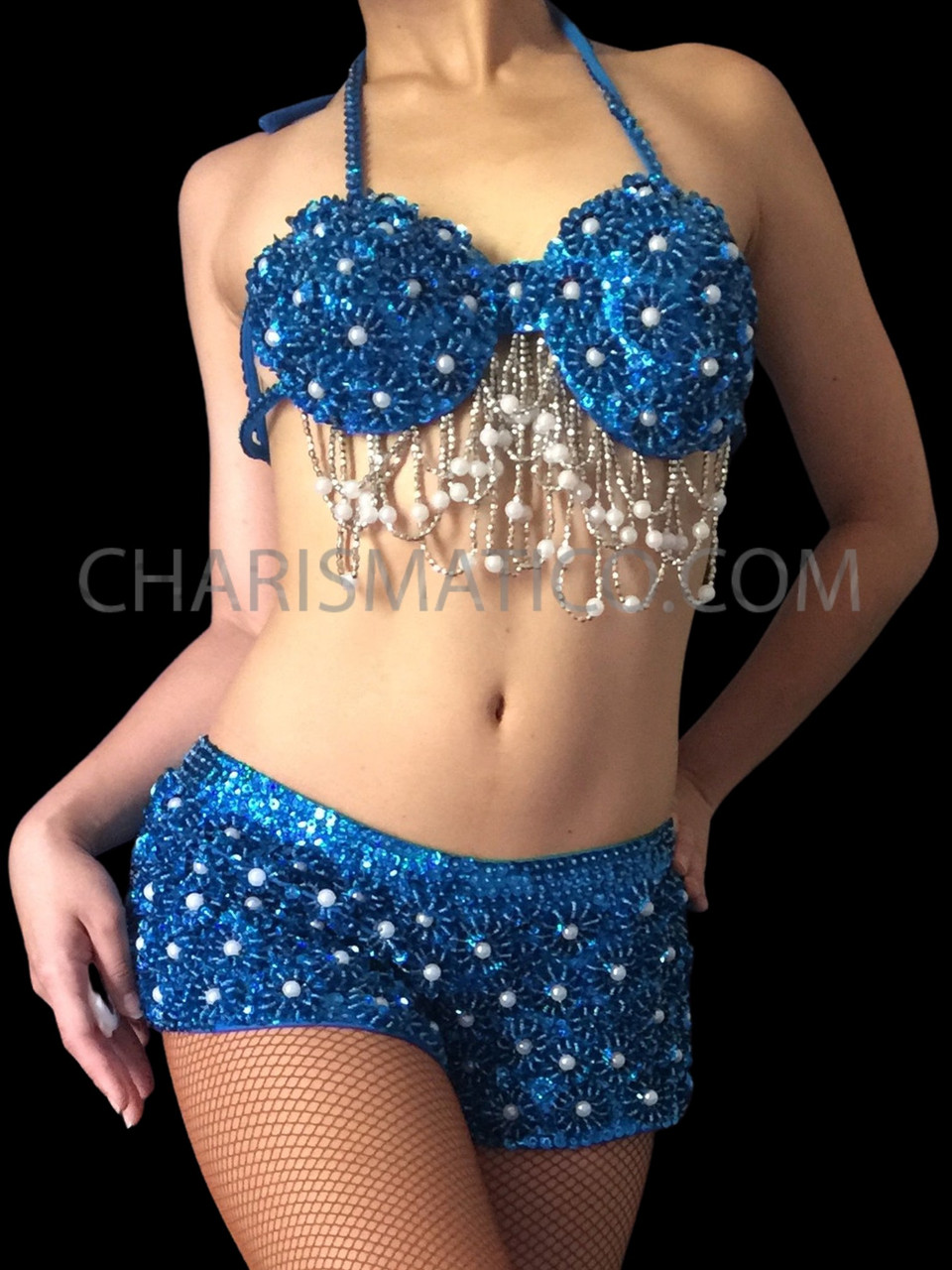 Sequin Cabaret Dance Costume Bra with Beaded Accents - BLUE