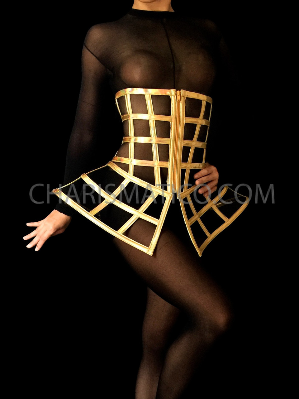 Showgirl's Sexy Iridescent Metallic Gold Underbust Corset Styled Cage Skirt