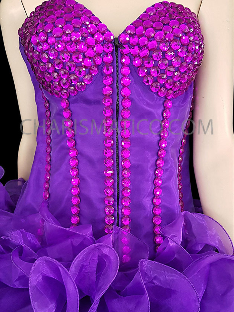 Crystal Accented Purple Corset With Organza Ruffle Tail Skirt