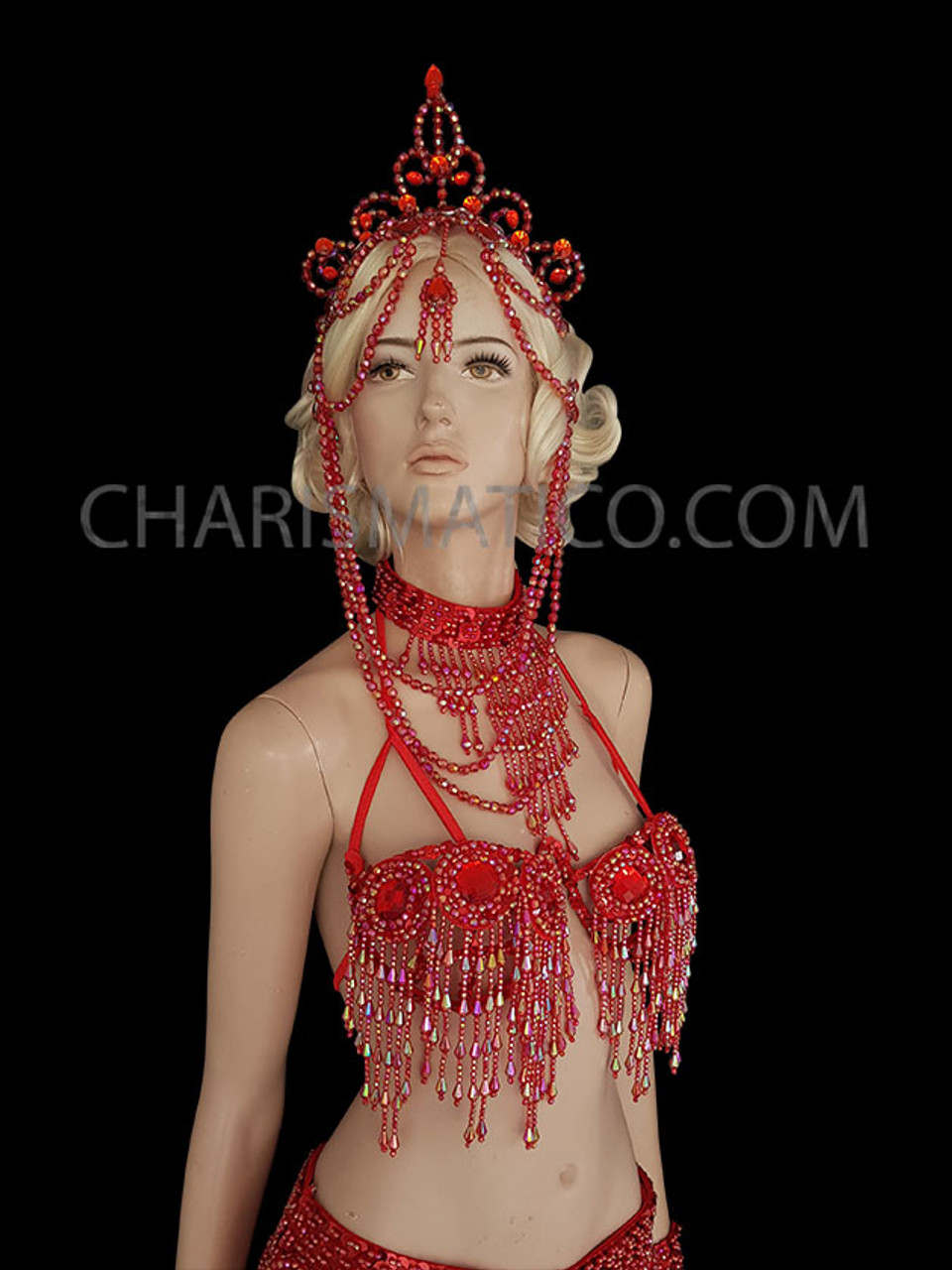 Red Samba Rio Carnival Cage Bra Set With Headdress