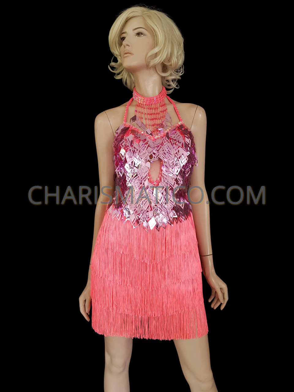 Hot Pink Fringed Iridescent Diamond Sequin Diva Latin Dance Dress