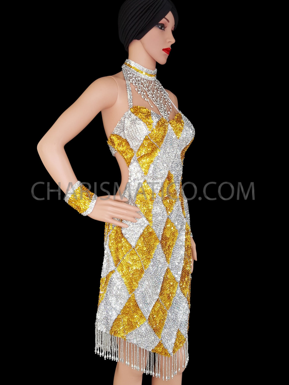 Gold Silver Diamond-Pattern Sequin Diva Dress