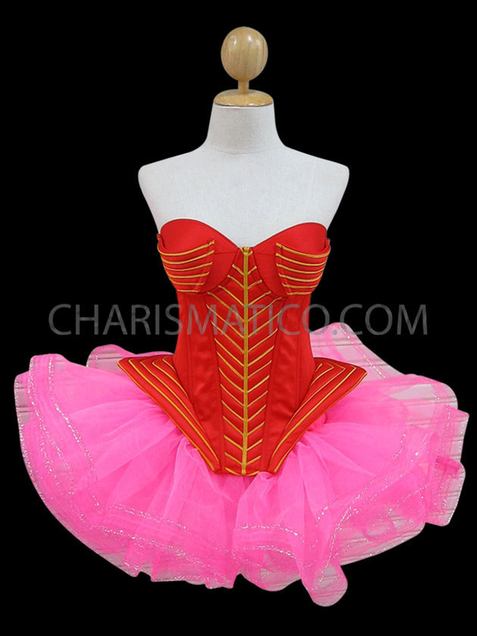 Metallic Gold Edged Quilted Red Showgirl's Corset With Pink Tutu