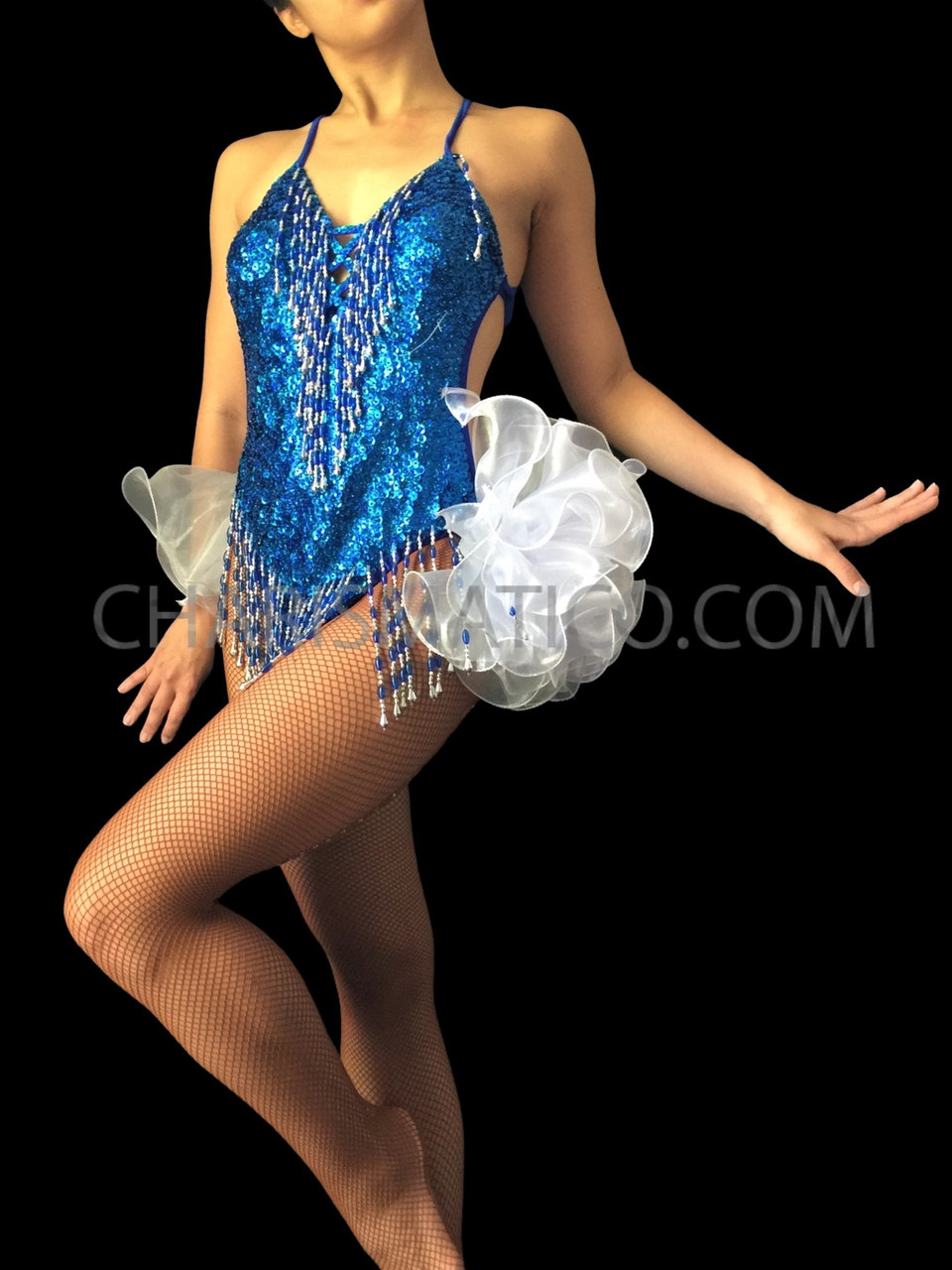 NWT Faux Sequin Royal Blue Leotard White feather trim Dance Holiday Girls Sizes 