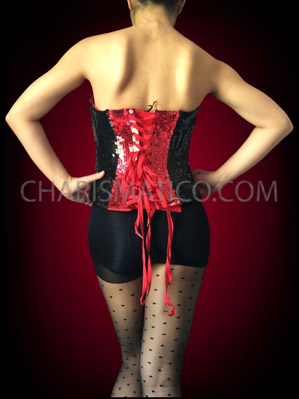 Zipper Front Ruby Red Black Accented Sequined Sleek Fitted Corset