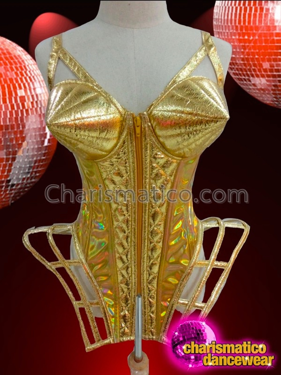 Dramatic Futuristic Cyberpunk Showgirl Metallic Vinyl Corset