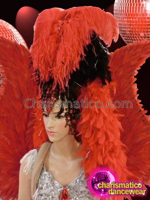 CHARISMATICO Complete red feather showgirl's costume set with silver