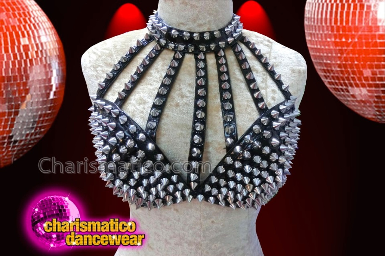 Silver Spiked Gothic Black Bra With Matching Sequin Fringed Skirt