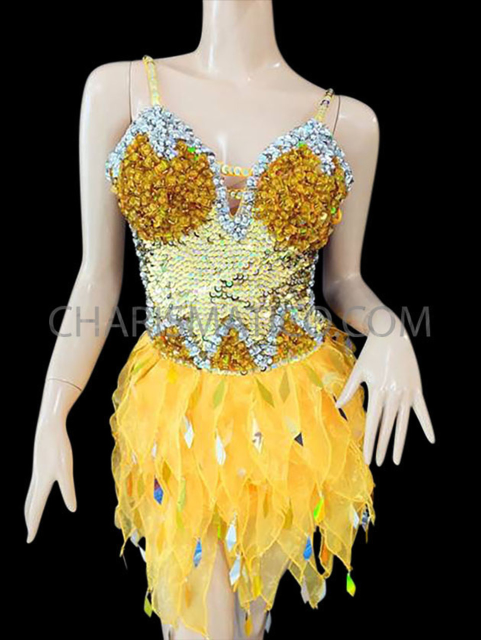 Halter Style Silver Accented Yellow Dance Dress With Organza Skirt