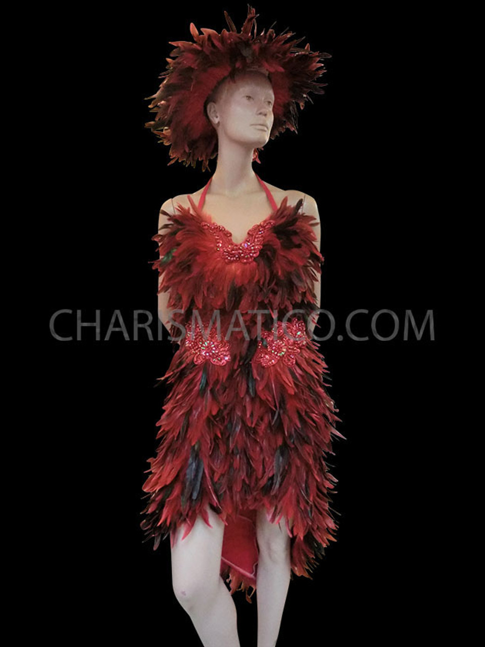 Fluffy Dark Red Feathered Hat And Matching Corset Style Dress