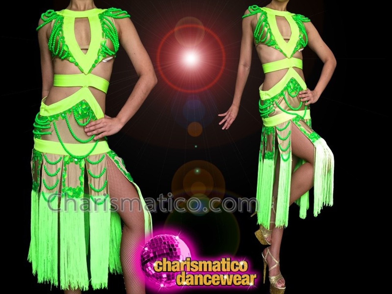 Diva's Two Tone Neon Green Cutout Salsa Dance Fringe Dress