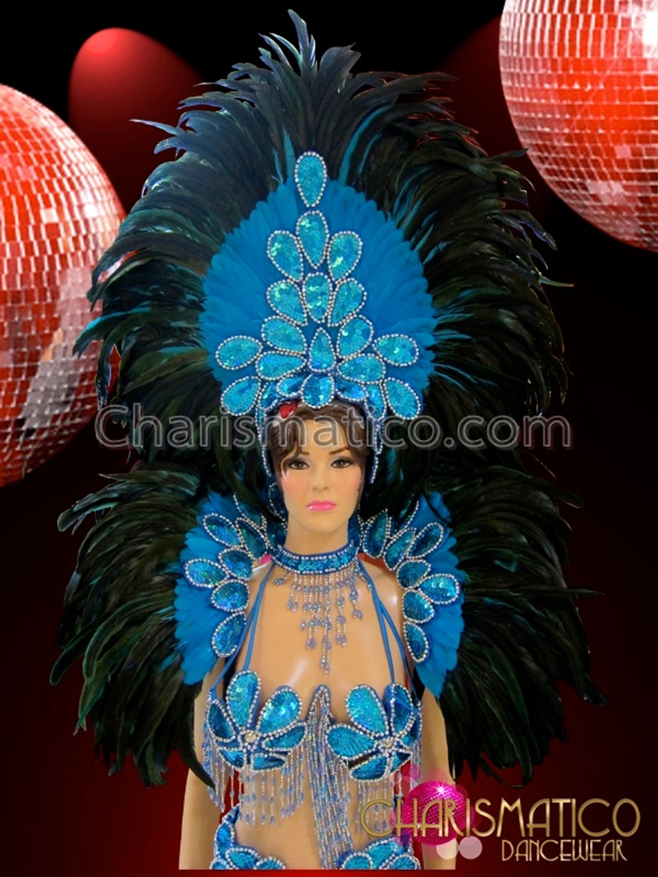 Complete Coordinated Sky Blue Sequin And Feather Brazilian Carnival Set