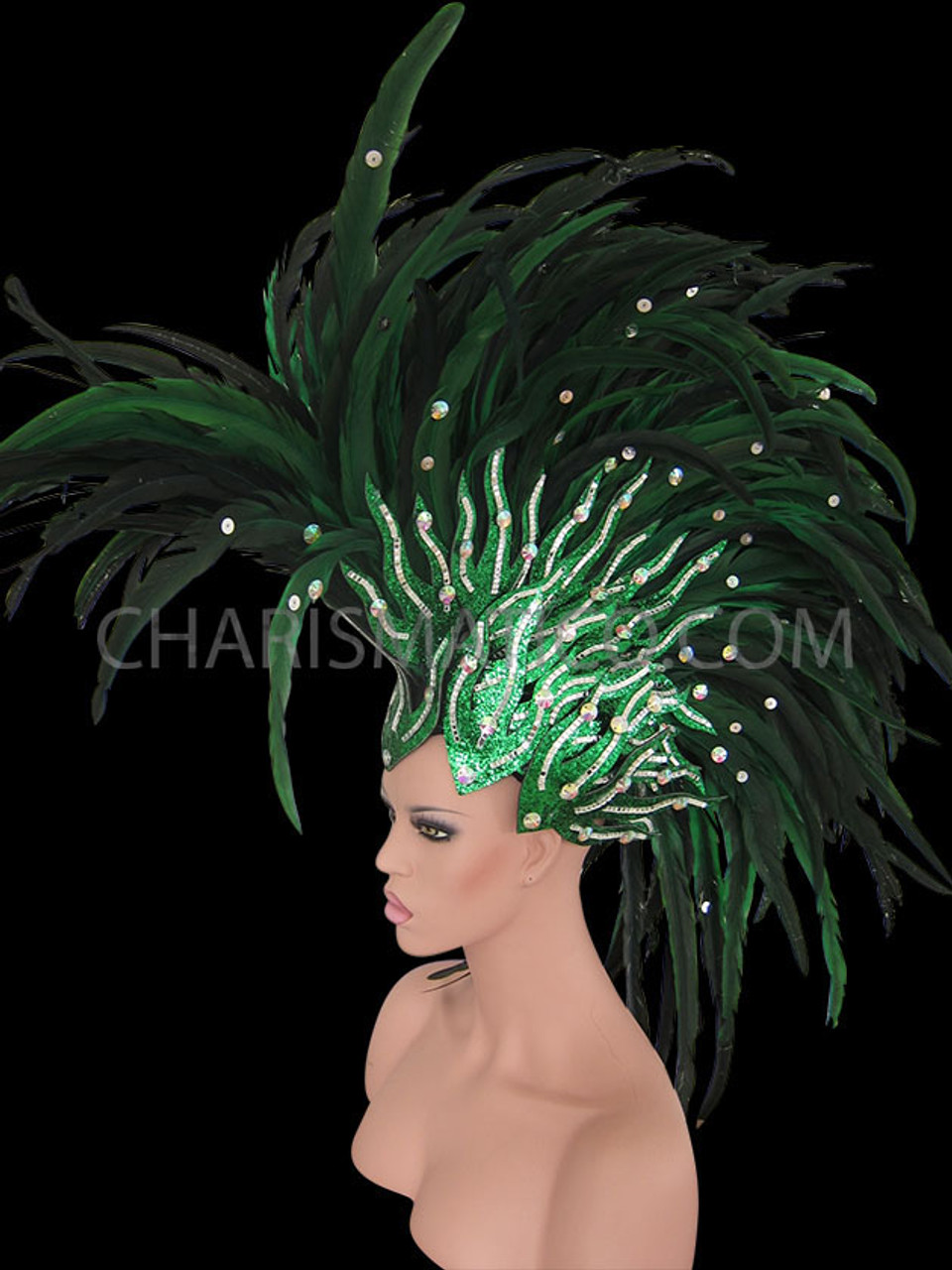 Green Glitter Based Headdress With Emerald Crystals And Forest Green  Feathers