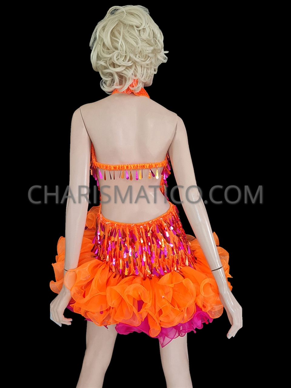 Sequin Backless Layered Orange Mambo Dance Dress with High Collar