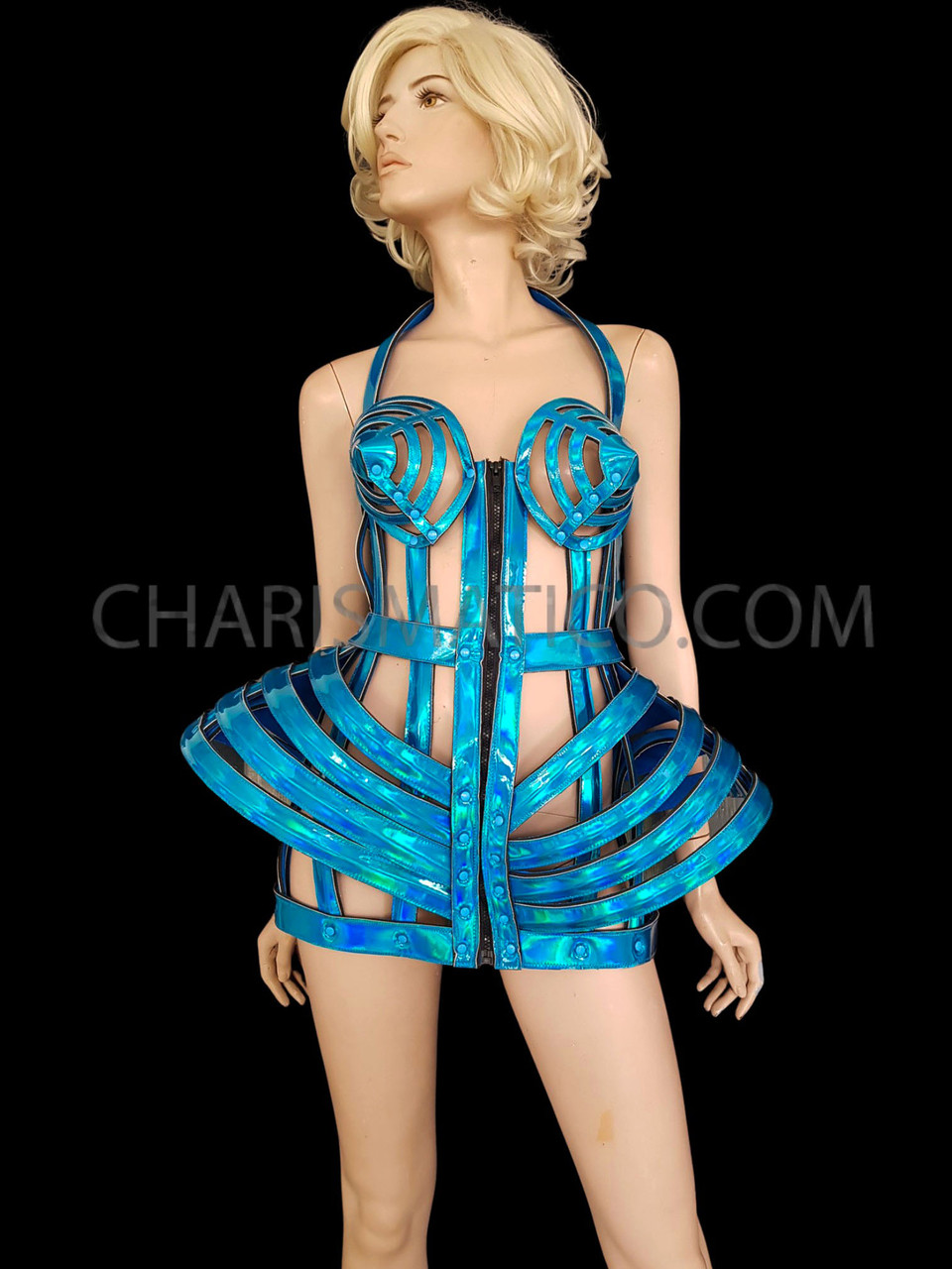 Neon Green Shiny Vinyl Madonna Inspired Corset Cage Dress