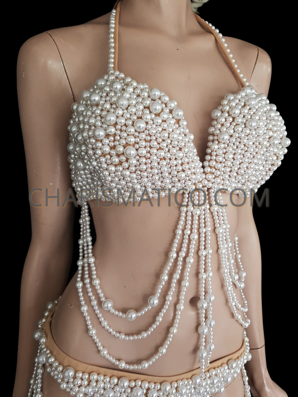 Shimmering Pearl Beaded Gogo Bra And Matching Thong Burlesque Costume
