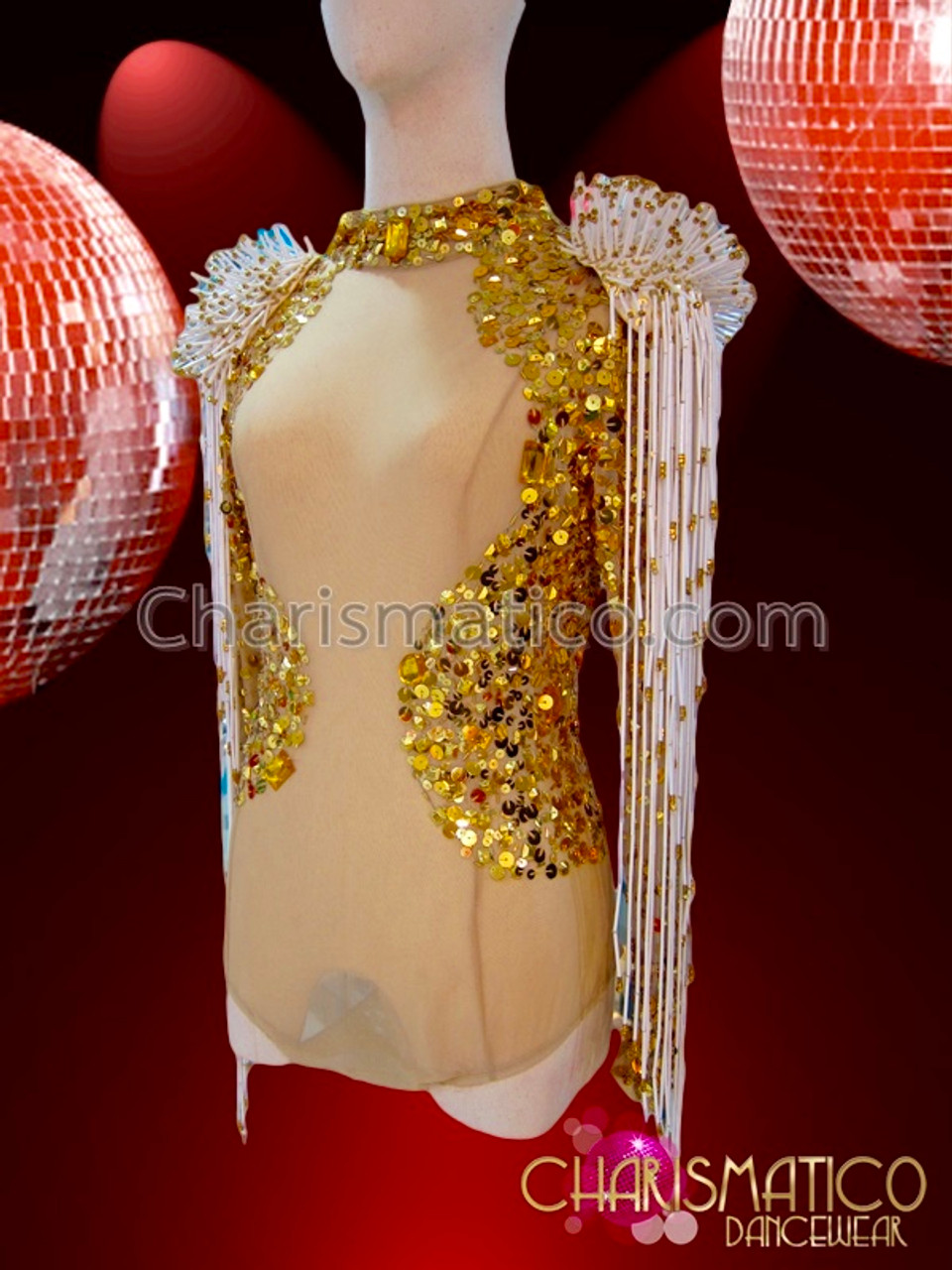 Red Showgirl Shoulder Pad With Floral Details And Tassels