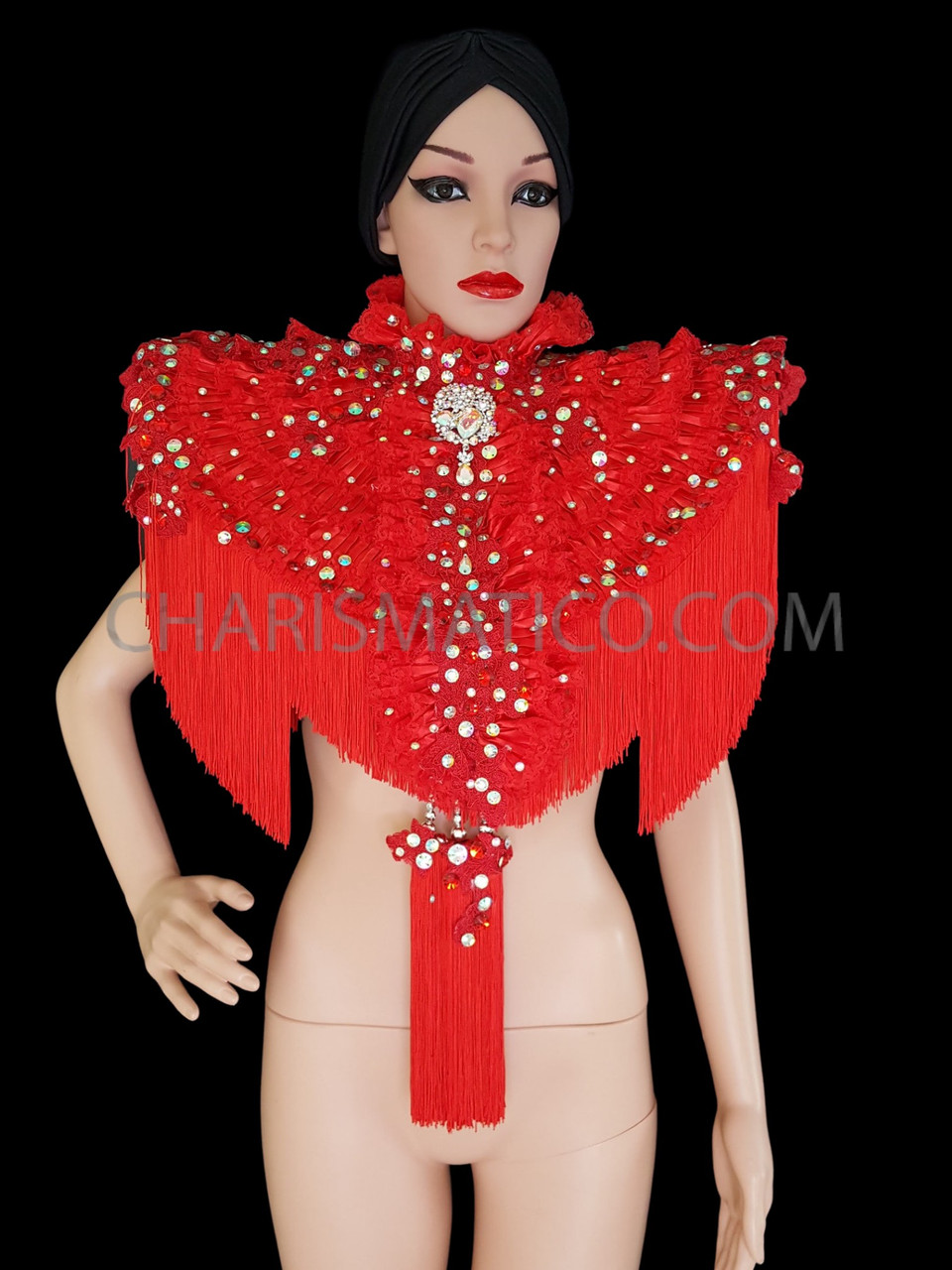 Red Showgirl Shoulder Pad With Floral Details And Tassels