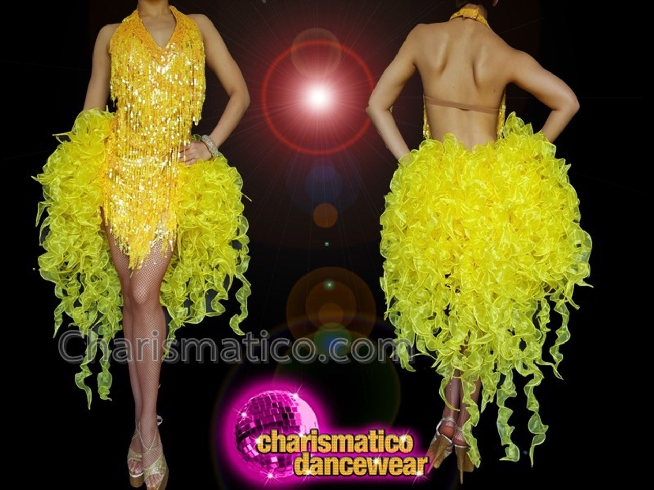 Long Yellow Sleeveless Drag Diva Queen'S Halter Neck Chiffon Tail Dress