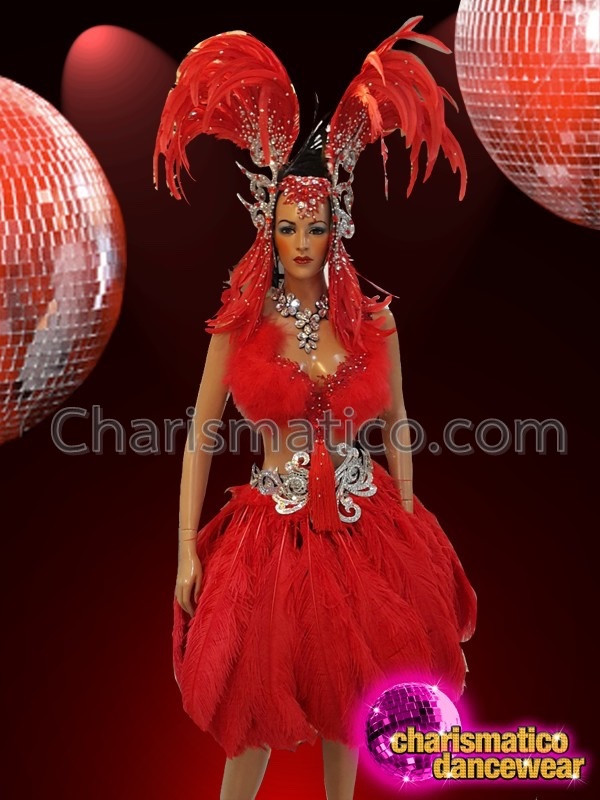 CHARISMATICO Crystal Accented Bright Red Ostrich Feather Diva Showgirl