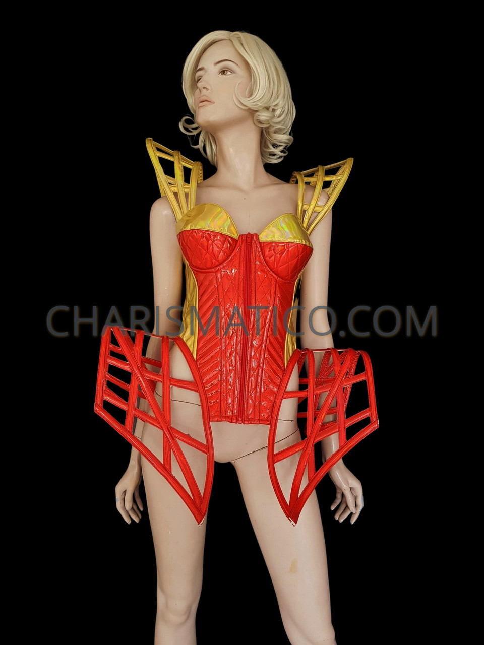 Red Gold Striking Appealing Unique Gaga Hip Corset And Futuristic Top
