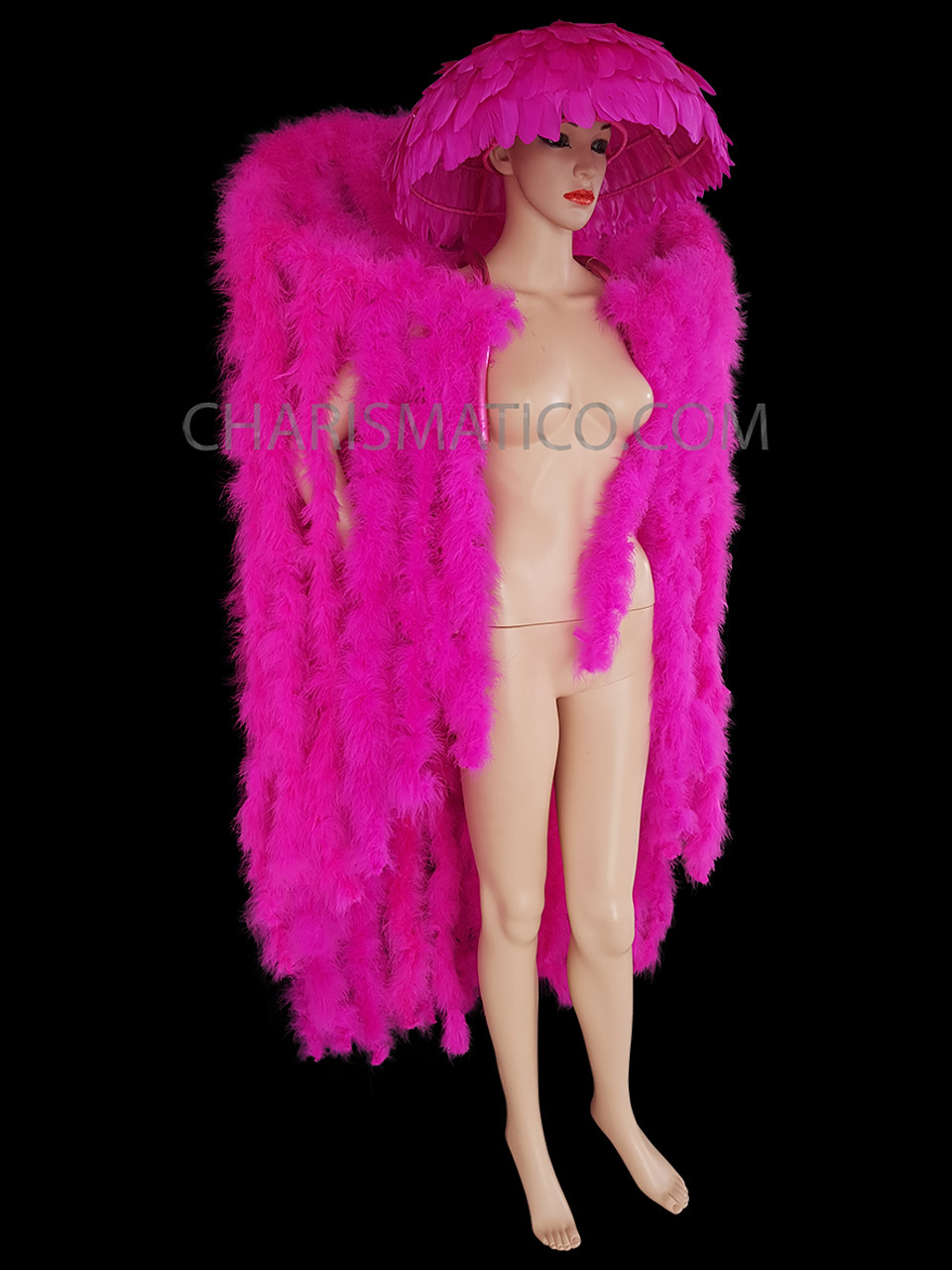 Floor-Length Hot Pink Boa Feather Trim Cover Up Style Drag Queen Coat