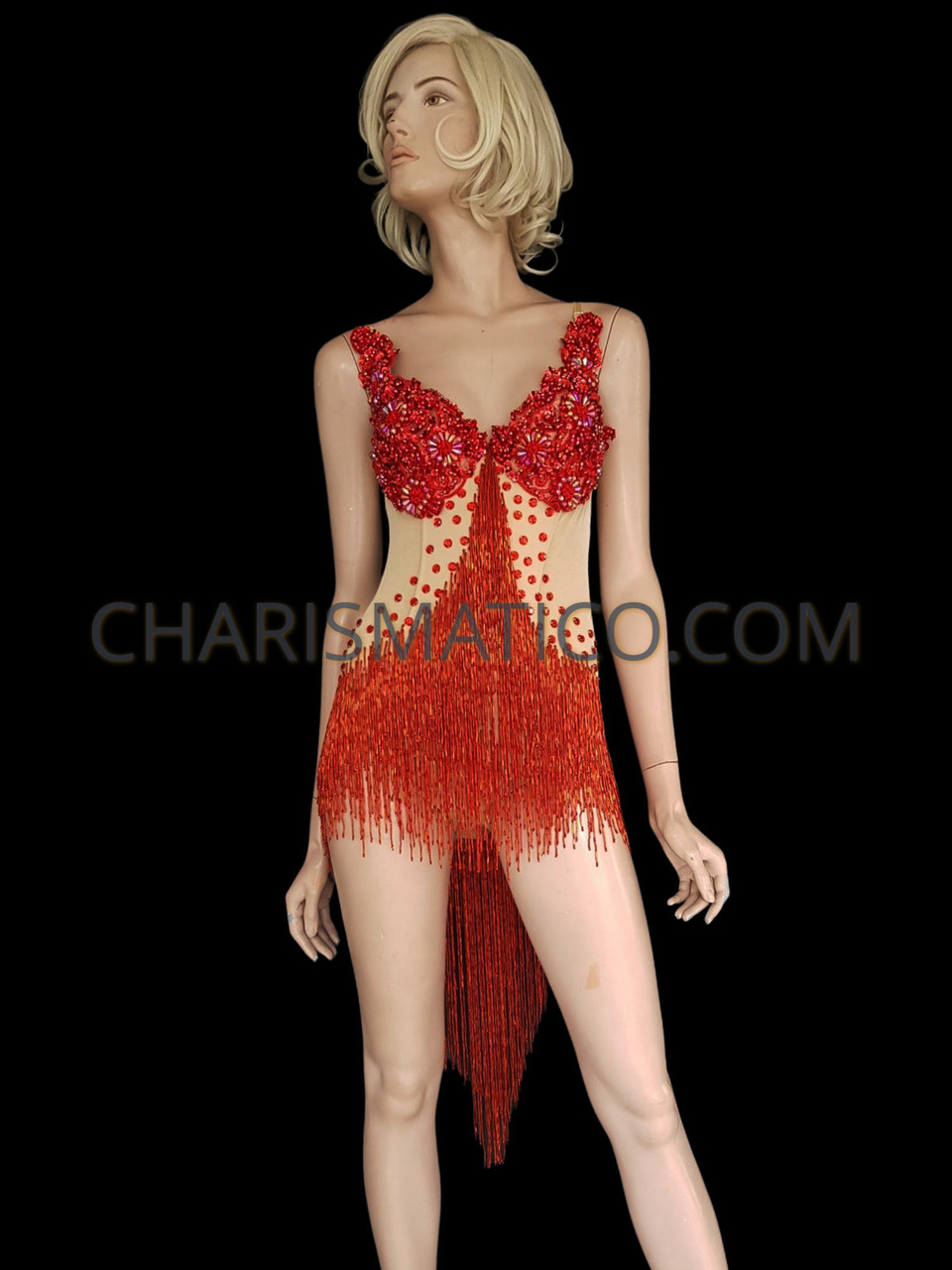 Red Sequinned Beaded Leotard Dress With Beige Skin Tight Body