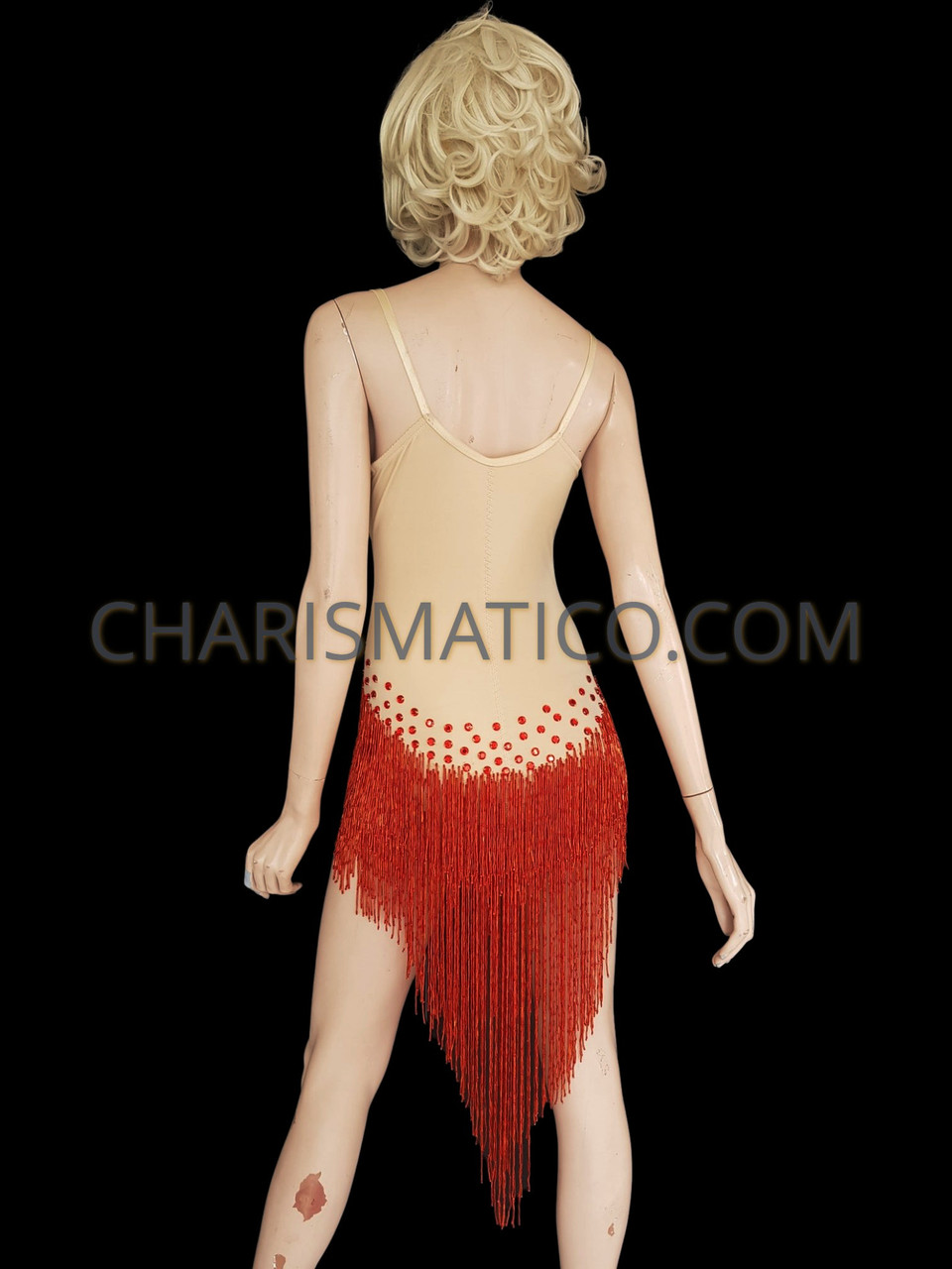 Red Sequinned Beaded Leotard Dress With Beige Skin Tight Body