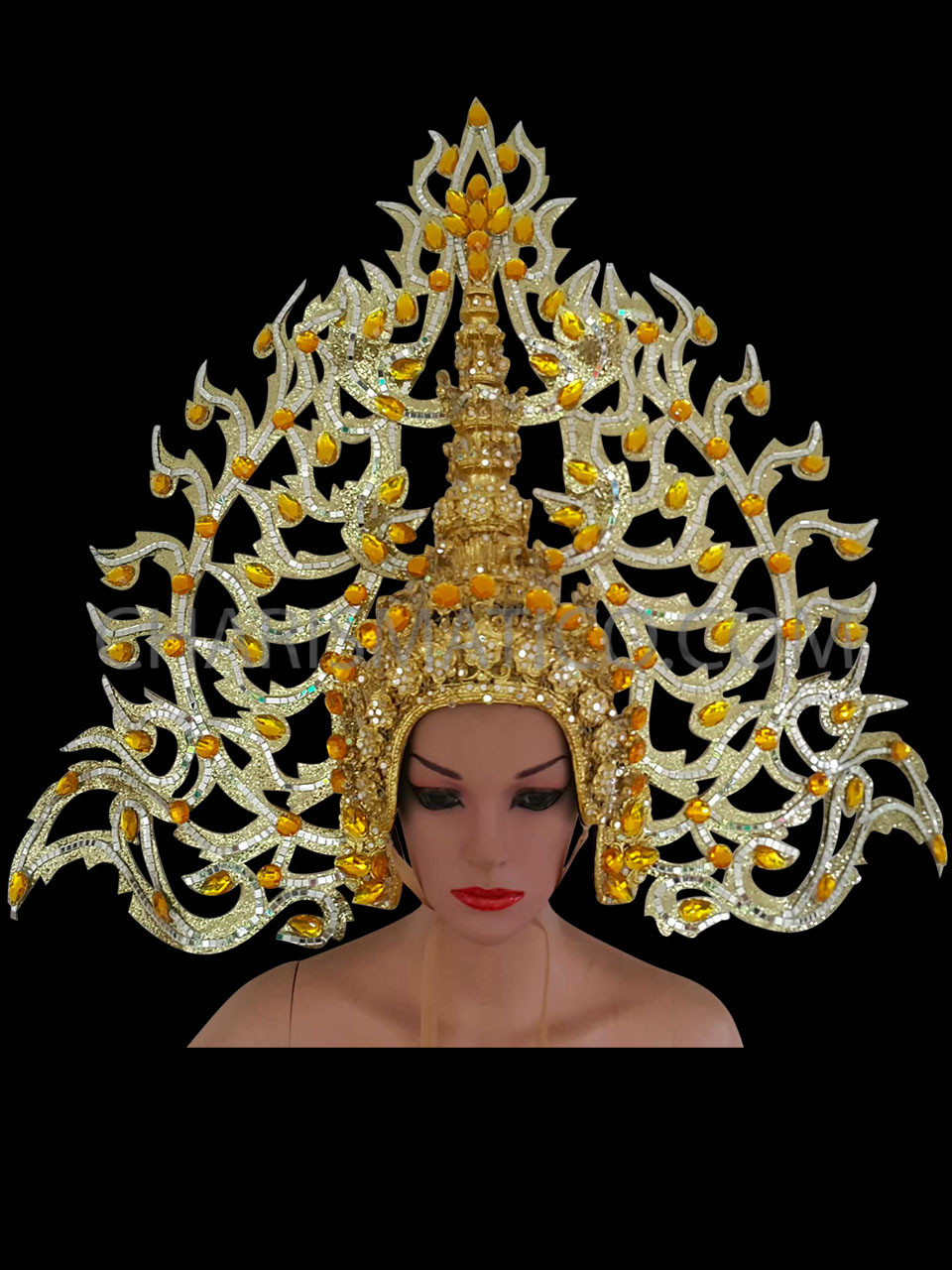 Gold Thai Diva Headdress Large Gold Crystals And Sequinned