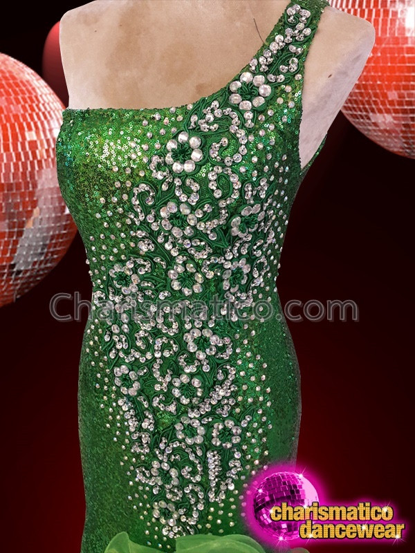 Emerald Green Silver Sequinned Drag Queen Diva Ruffled Gown Emerald Green Silver Sequinned Drag Queen Diva Ruffled Gown