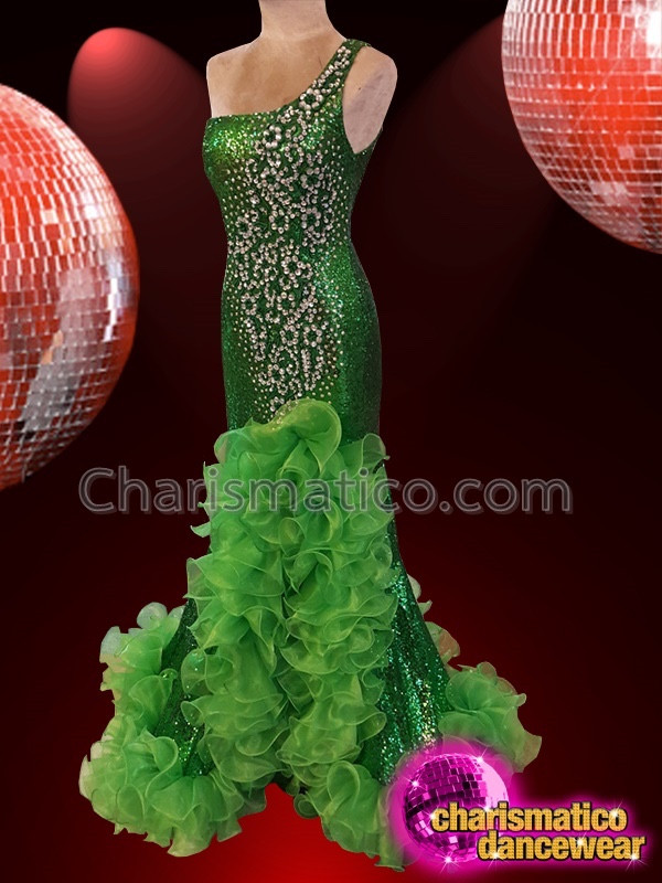 Emerald Green Silver Sequinned Drag Queen Diva Ruffled Gown Emerald Green Silver Sequinned Drag Queen Diva Ruffled Gown
