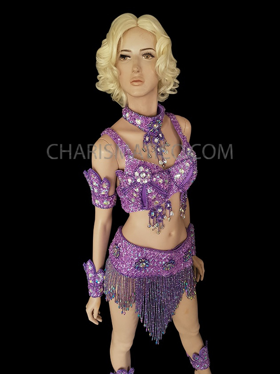 Purple Belly Dance Sequinned Beaded Fringed Bra And Skirt Set
